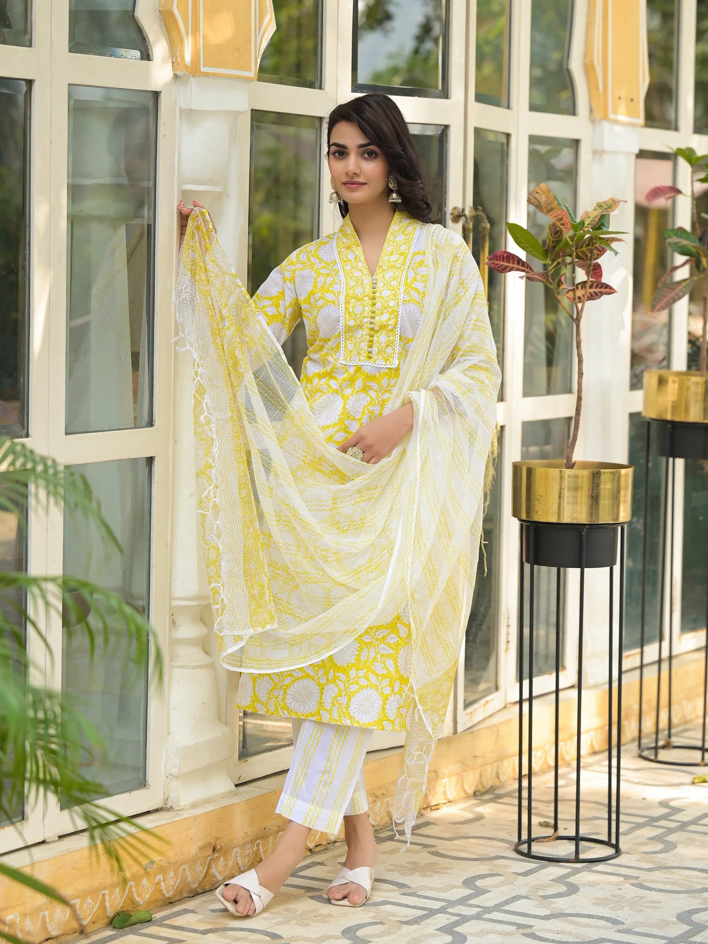 INDICASA Yellow Hand Block Print Pure Cotton Straight Kurta Set