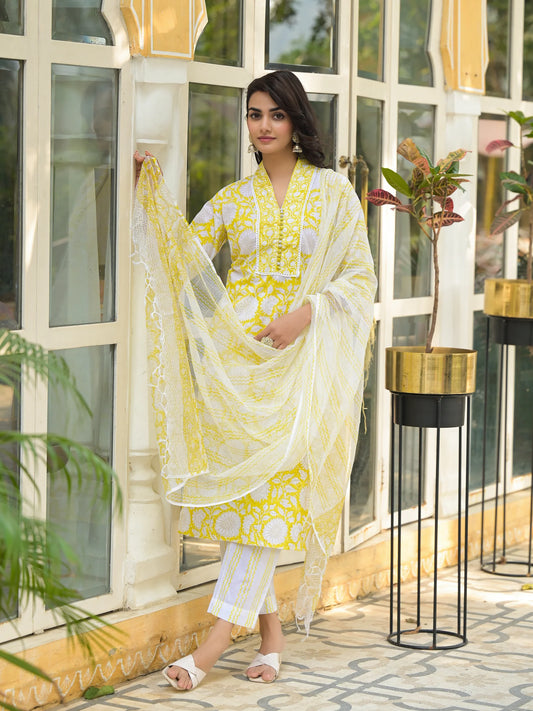 INDICASA Yellow Hand Block Print Pure Cotton Straight Kurta Set
