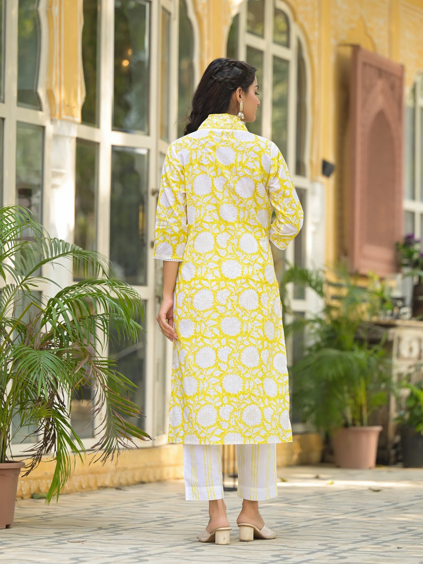 INDICASA Yellow Hand Block Print Pure Cotton Straight Kurta Set