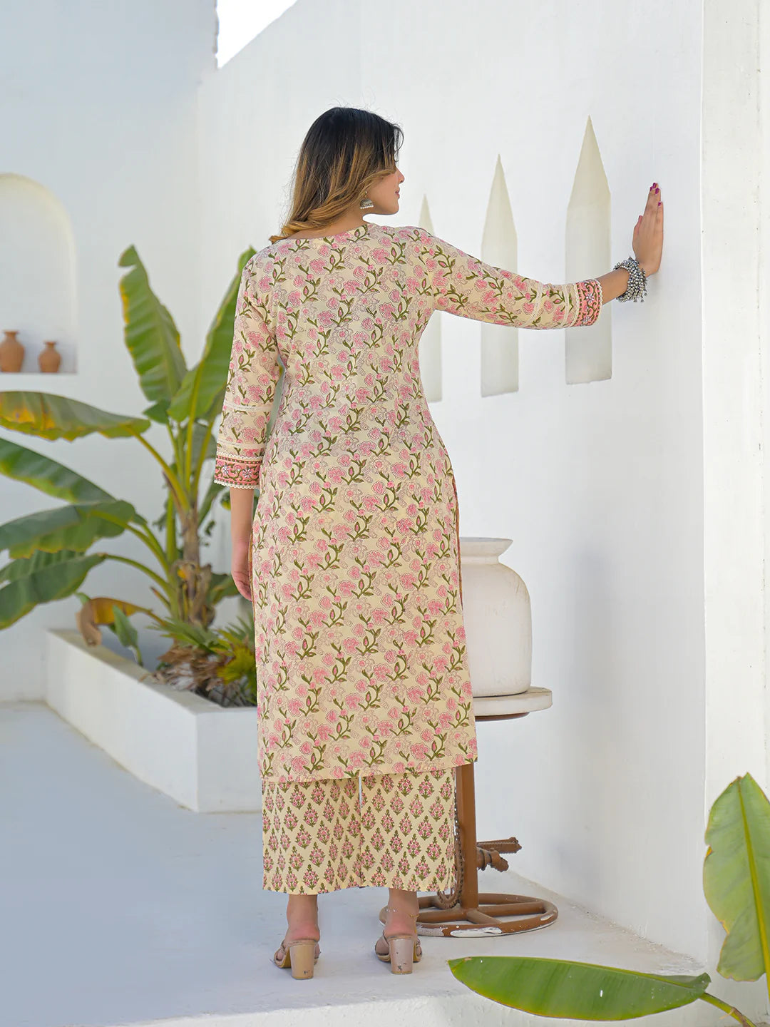 INDICASA Cream Hand Block Straight Cotton Kurta Pant Set With Dupatta