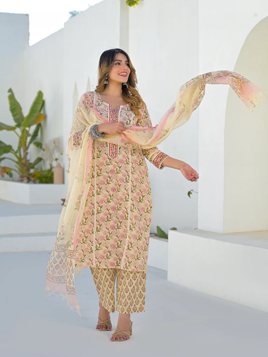 INDICASA Cream Hand Block Straight Cotton Kurta Pant Set With Dupatta