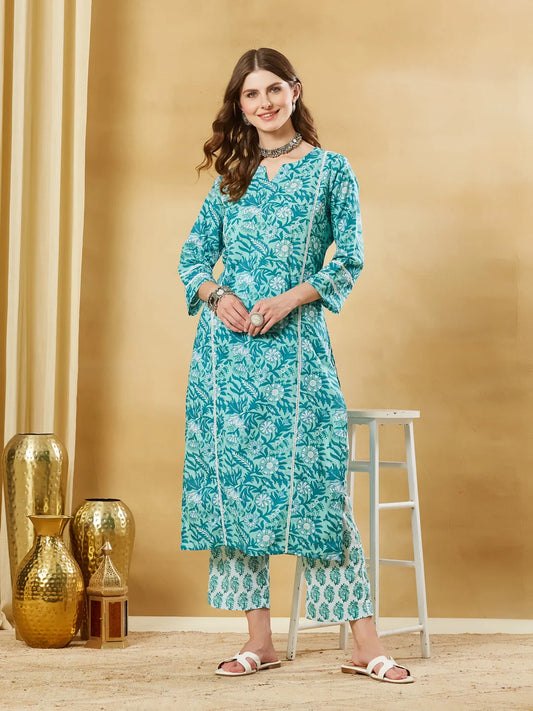 INDICASA Torquise Blue Cotton Kurta Pant Set