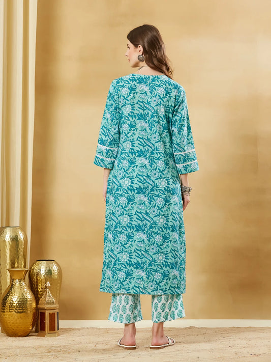 INDICASA Torquise Blue Cotton Kurta Pant Set