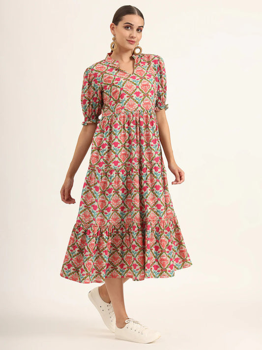 INDICASA Multi Color Floral Print Midi Dress