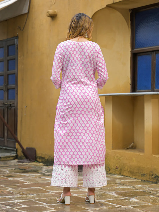 INDICASA Pink Hand Block Straight Cotton Kurta Pant Set