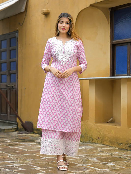 INDICASA Pink Hand Block Straight Cotton Kurta Pant Set