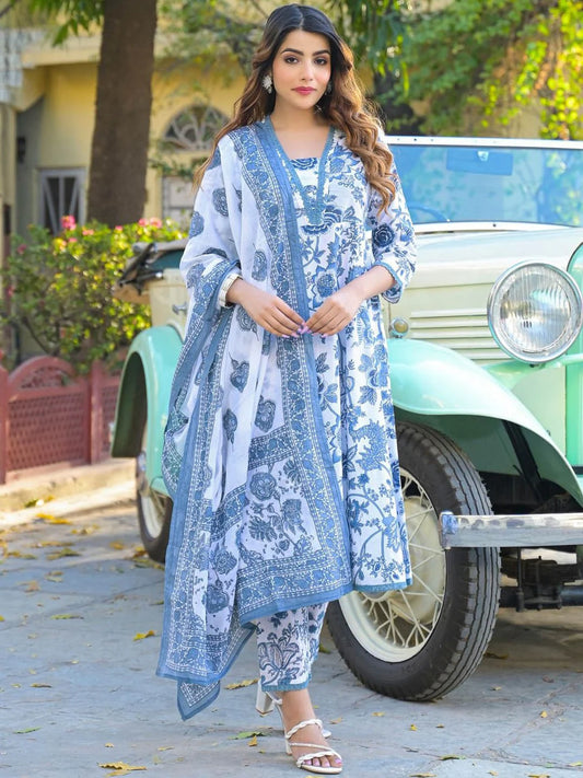 INDICASA Floral Printed Anarkali Pure Cotton Kurta with Trousers & Dupatta