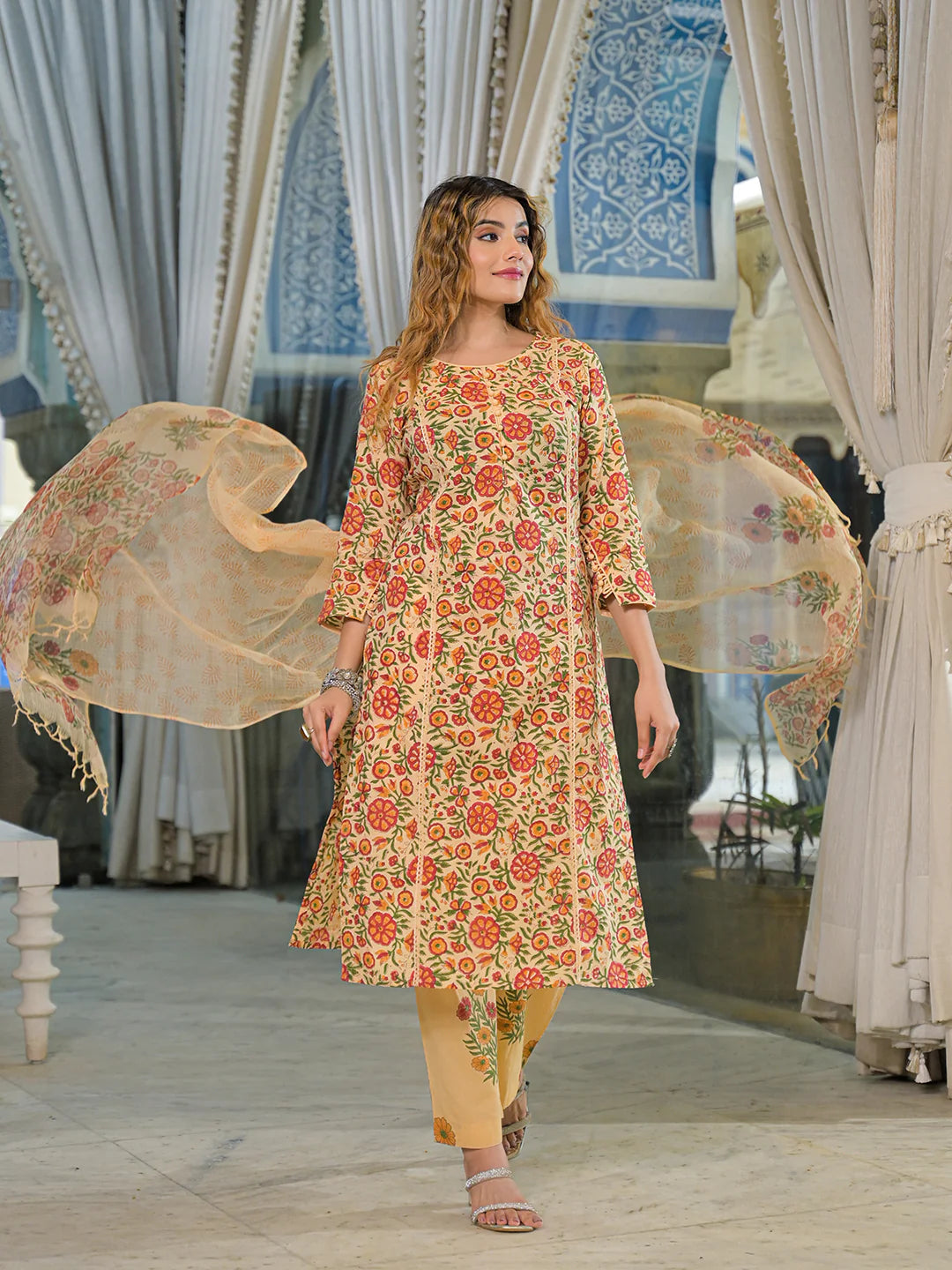 INDICASA Yellow Hand Block Cotton Straight Kurta Pant With Dupatta