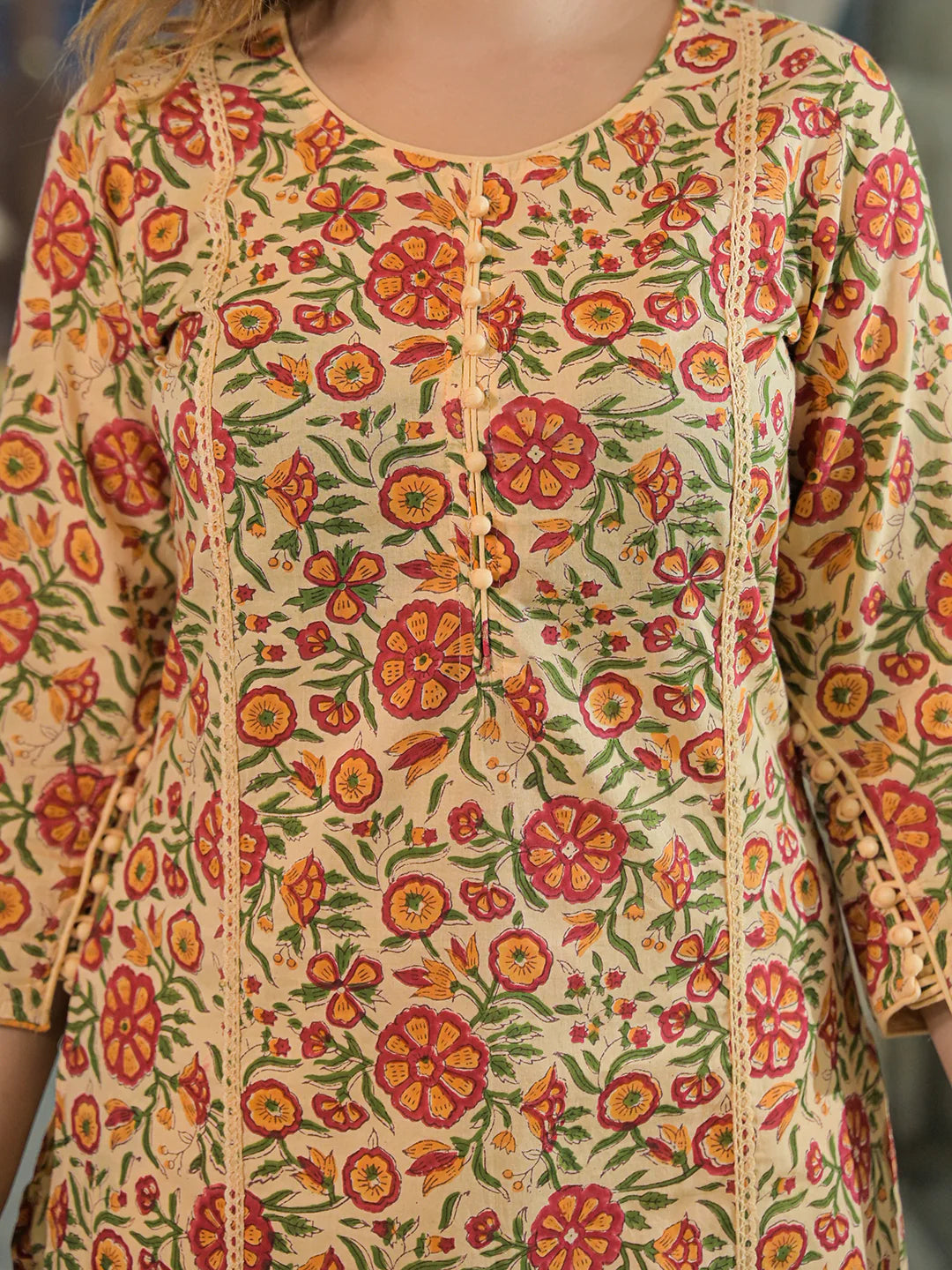 INDICASA Yellow Hand Block Cotton Straight Kurta Pant With Dupatta