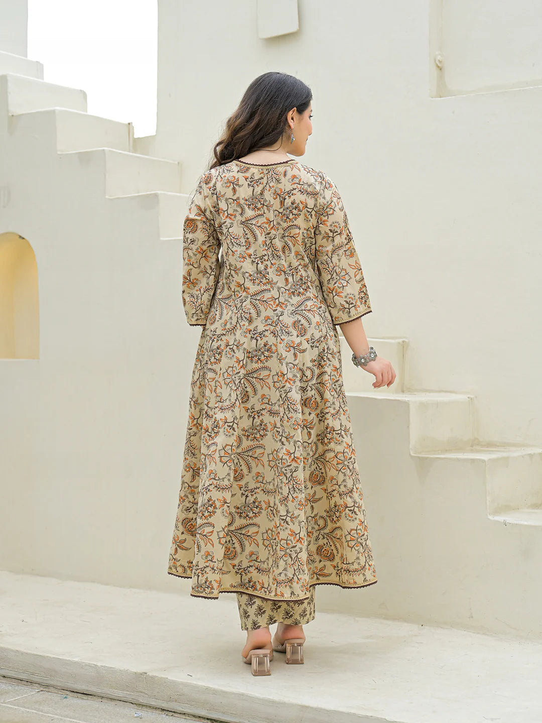 INDICASA Beige Cotton Hand Block Anarkali Kurta Pant Sets With Dupatta