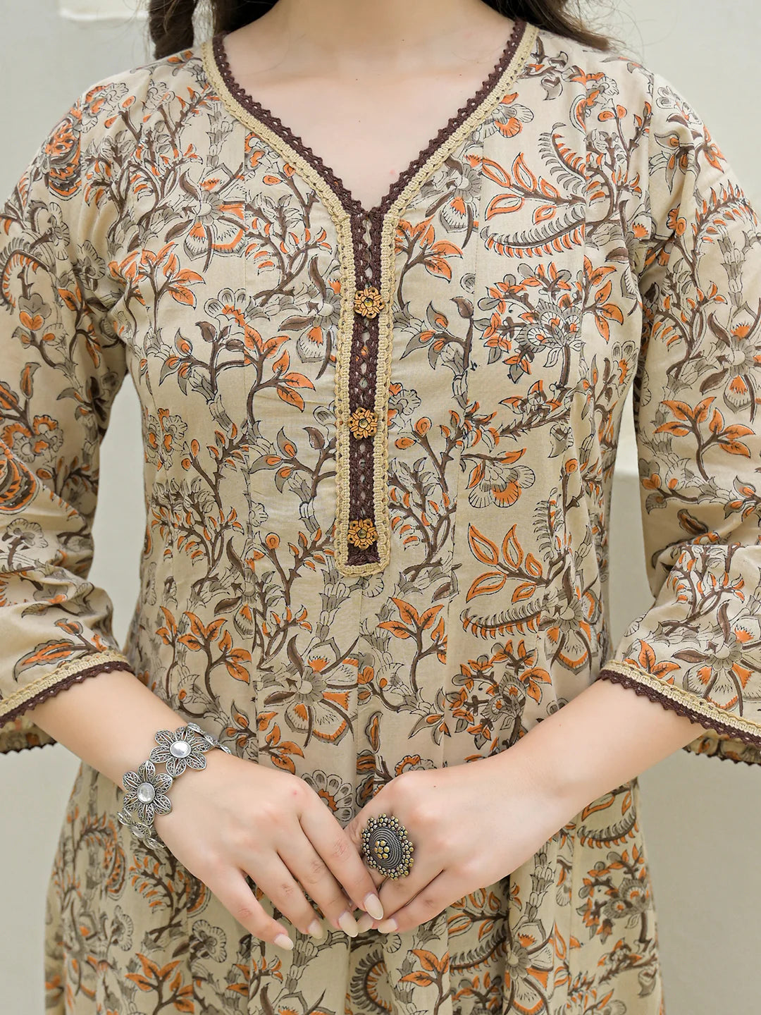 INDICASA Beige Cotton Hand Block Anarkali Kurta Pant Sets With Dupatta