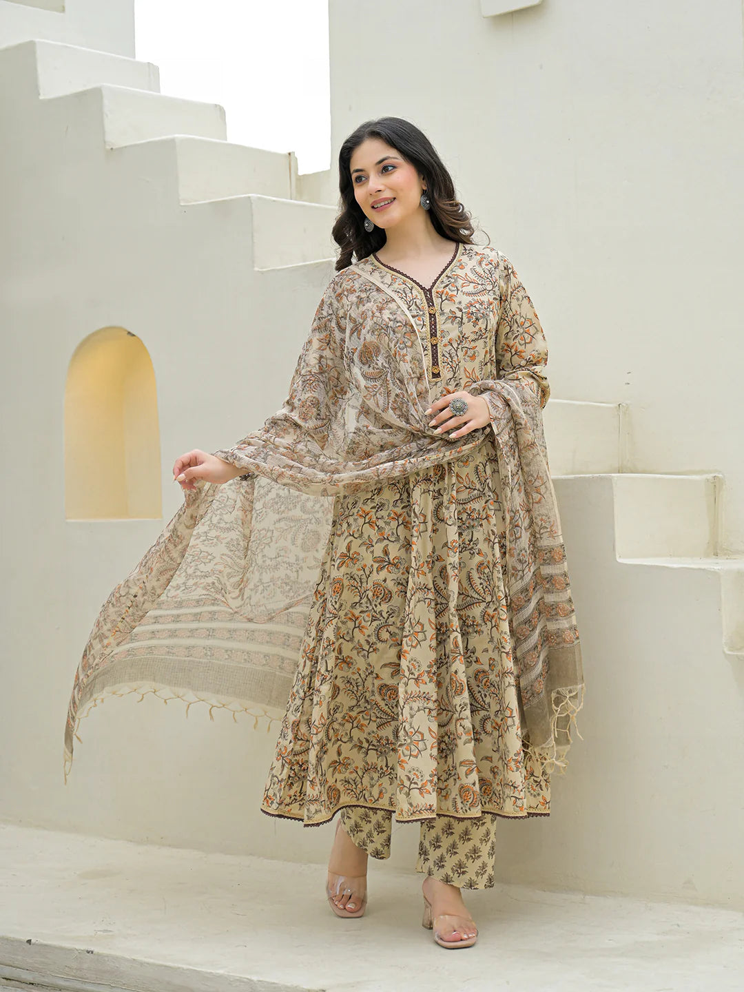 INDICASA Beige Cotton Hand Block Anarkali Kurta Pant Sets With Dupatta