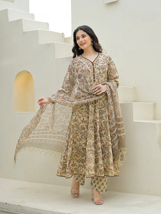 INDICASA Beige Cotton Hand Block Anarkali Kurta Pant Sets With Dupatta