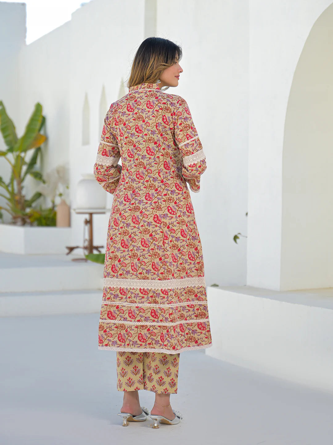 INDICASA Beige Hand Block Cotton A-Line Kurta Pant Set With Dupatta