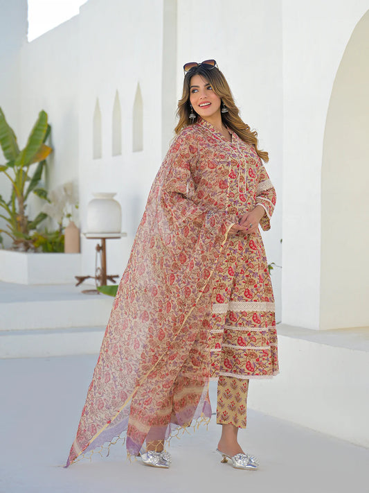 INDICASA Beige Hand Block Cotton A-Line Kurta Pant Set With Dupatta