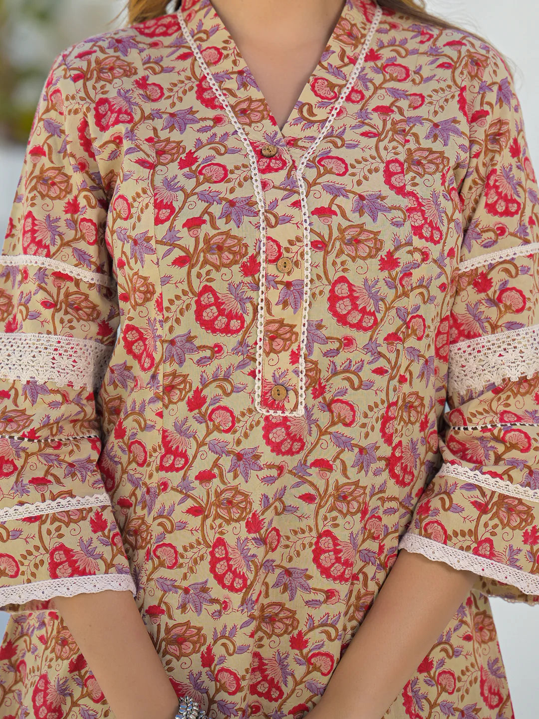 INDICASA Beige Hand Block Cotton A-Line Kurta Pant Set With Dupatta