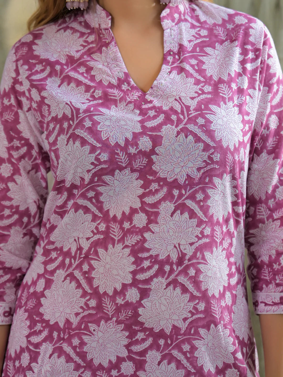 INDICASA Pink Hand Block Cotton Straight Kurta Pant With Dupatta