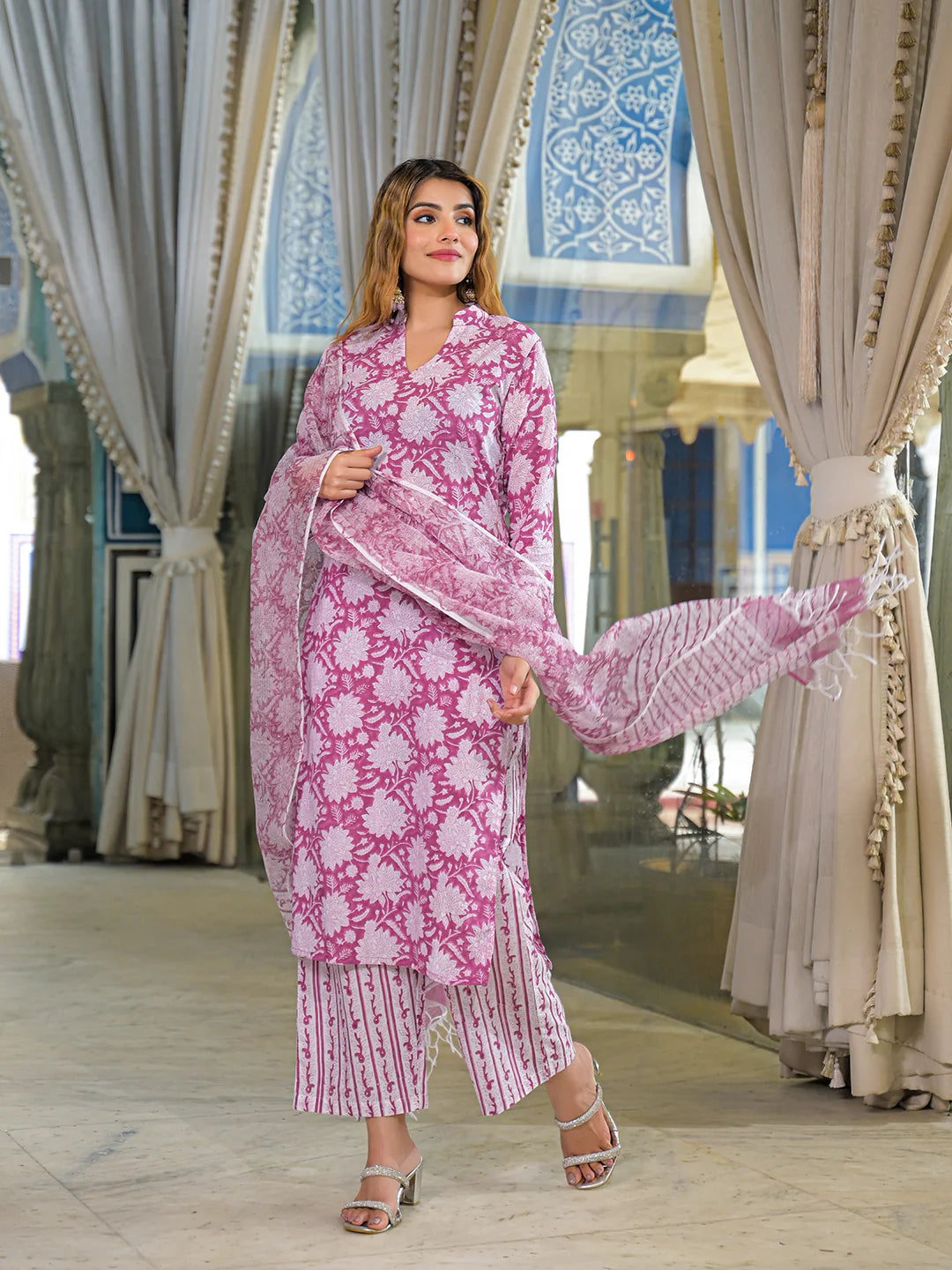 INDICASA Pink Hand Block Cotton Straight Kurta Pant With Dupatta