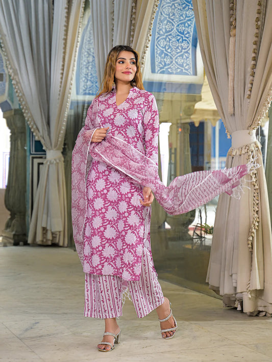 INDICASA Pink Hand Block Cotton Straight Kurta Pant With Dupatta
