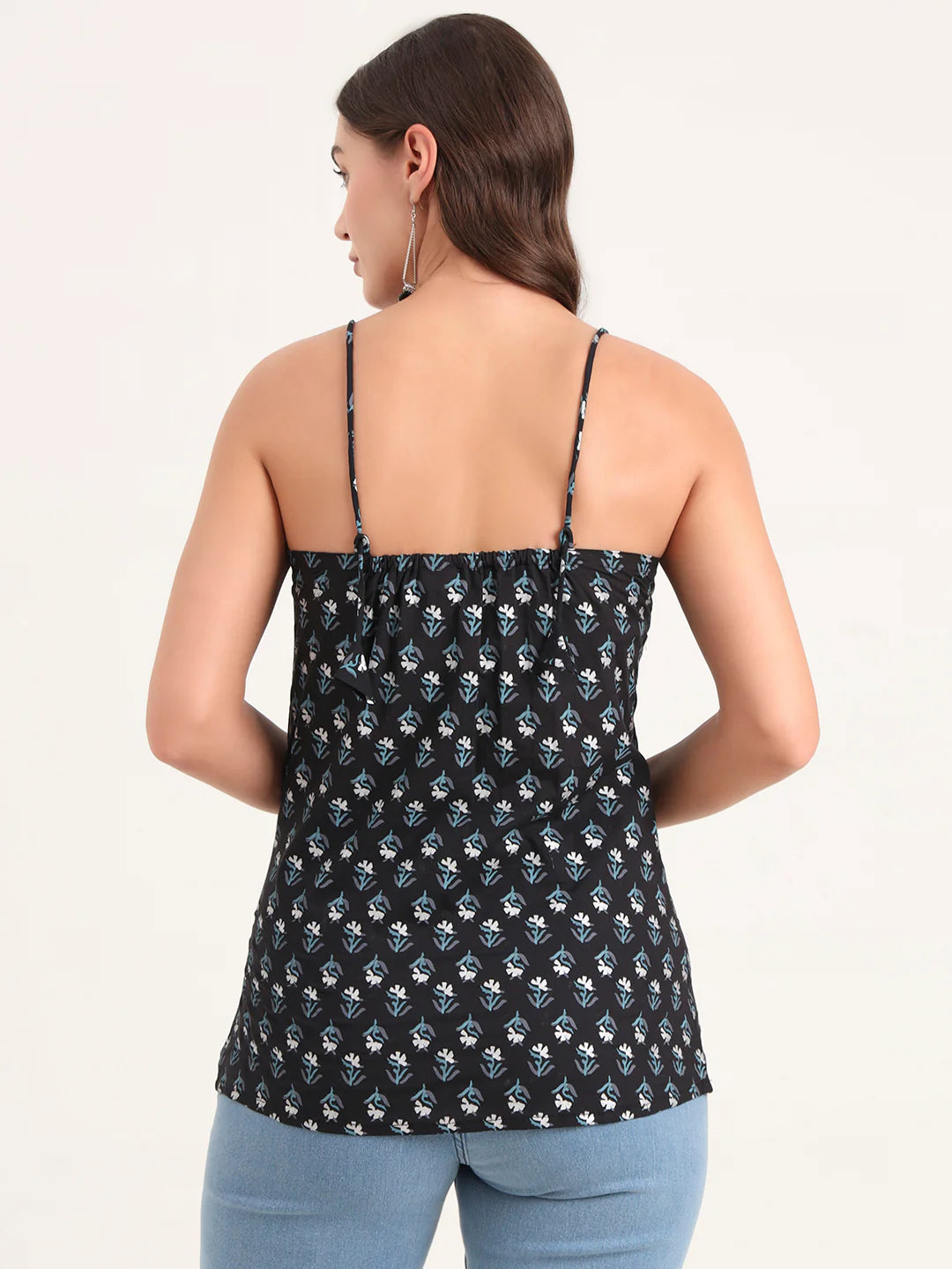 INDICASA Black Printed Cotton Shoulder Strap Top