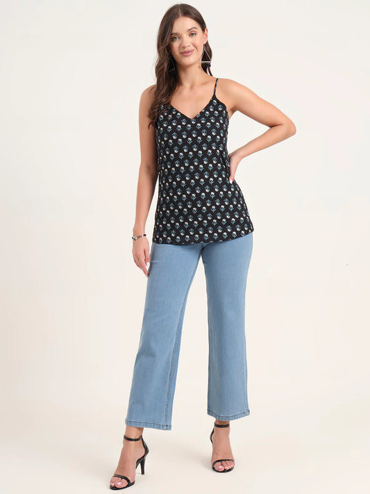INDICASA Black Printed Cotton Shoulder Strap Top