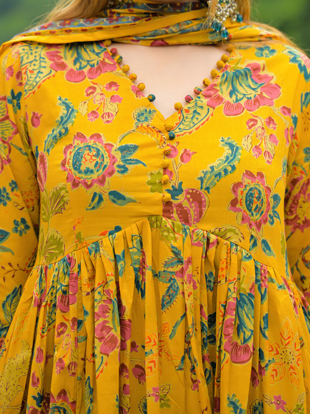 INDICASA Mustard Floral Print Cotton Anarkali Kurta Pant Set With Dupatta
