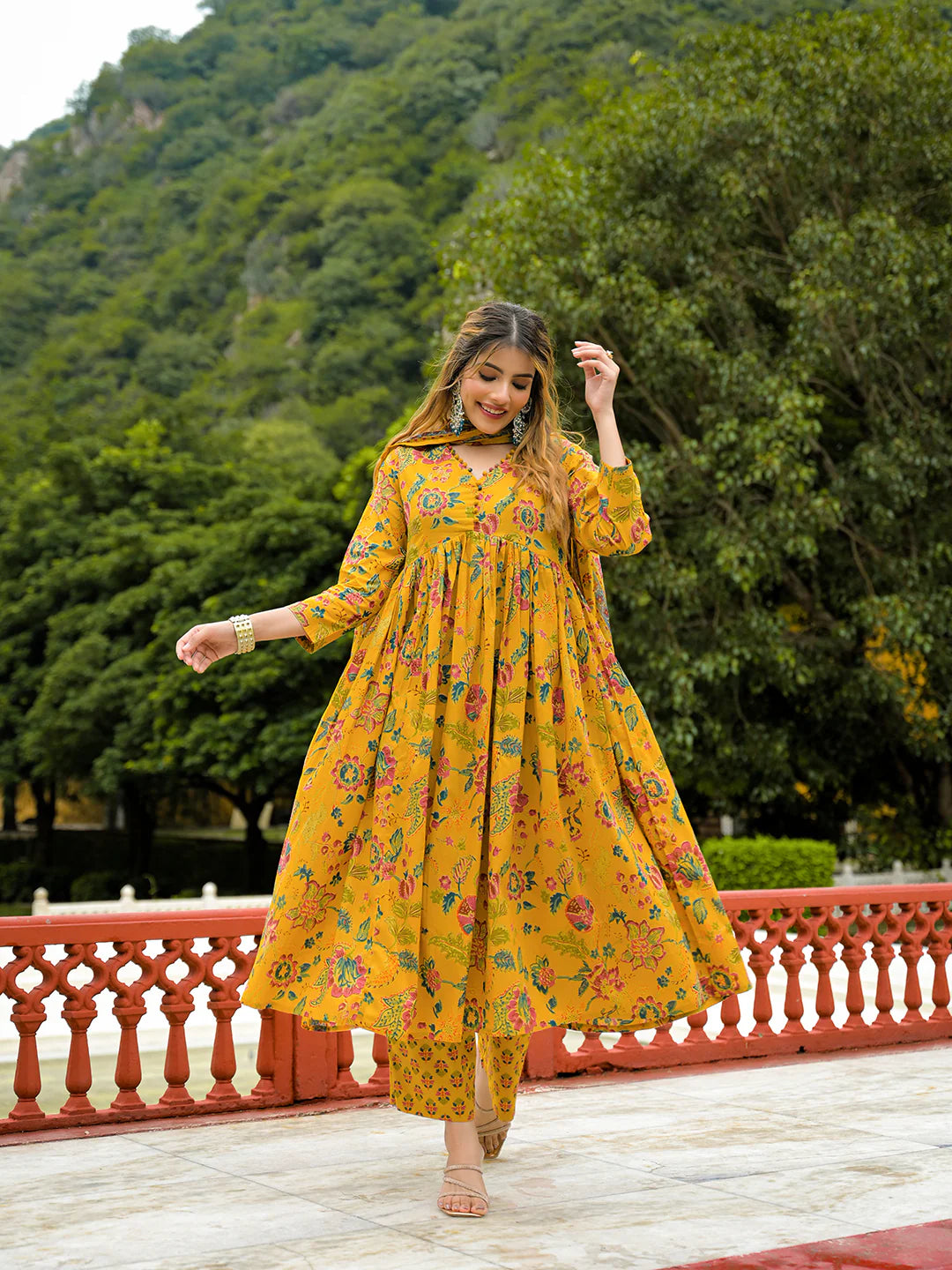 INDICASA Mustard Floral Print Cotton Anarkali Kurta Pant Set With Dupatta