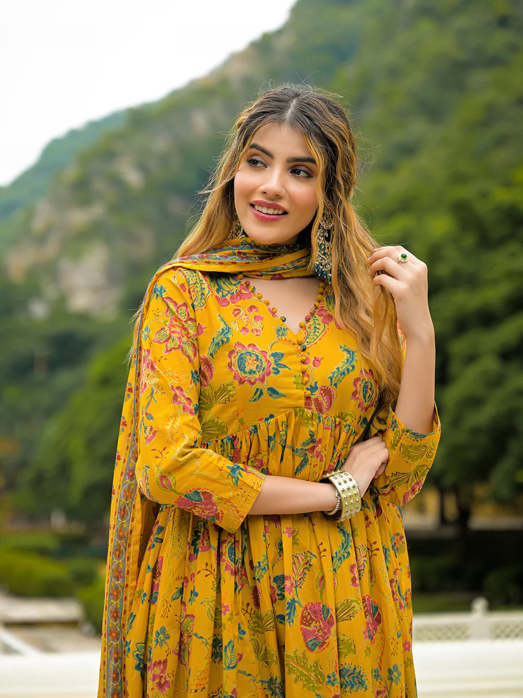 INDICASA Mustard Floral Print Cotton Anarkali Kurta Pant Set With Dupatta
