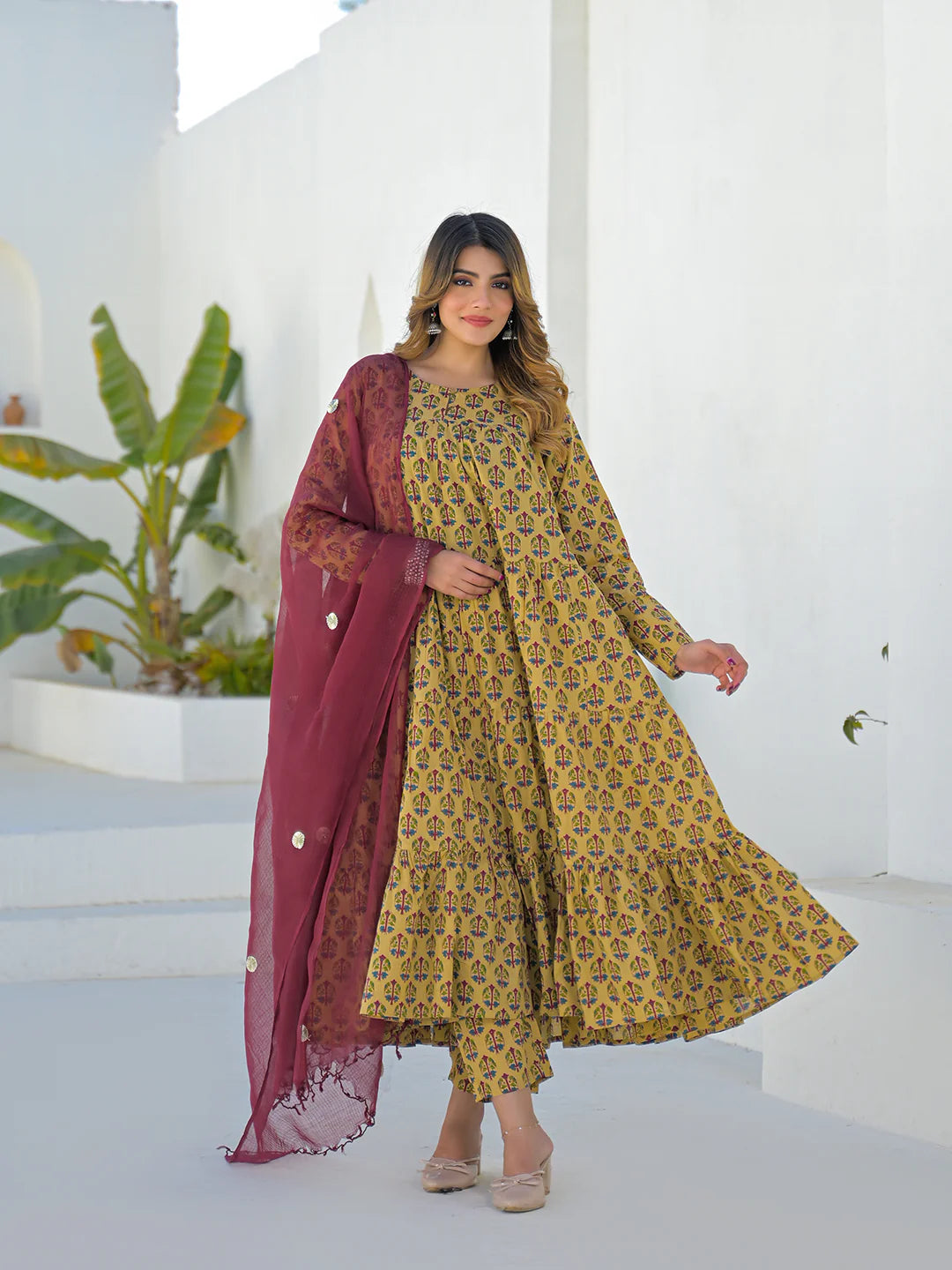 INDICASA Beige Cotton Round Neck Anarkali Kurta Pant Set With Kota Doria Dupatta