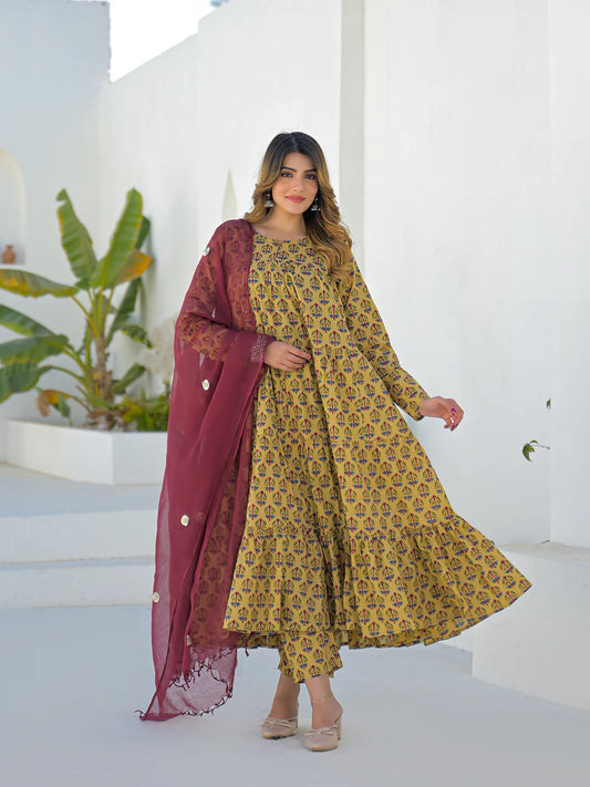 INDICASA Beige Cotton Round Neck Anarkali Kurta Pant Set With Kota Doria Dupatta