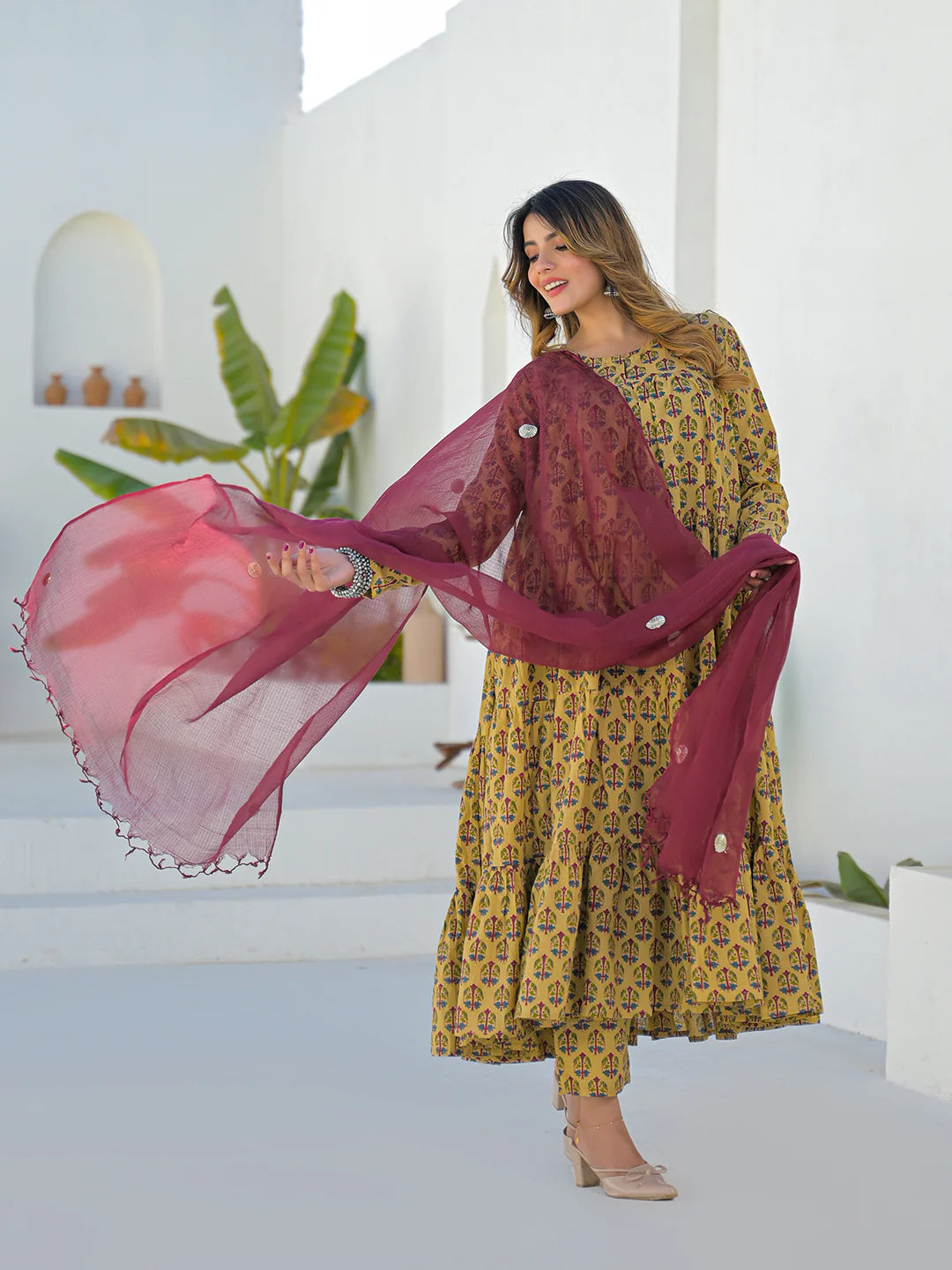 INDICASA Beige Cotton Round Neck Anarkali Kurta Pant Set With Kota Doria Dupatta