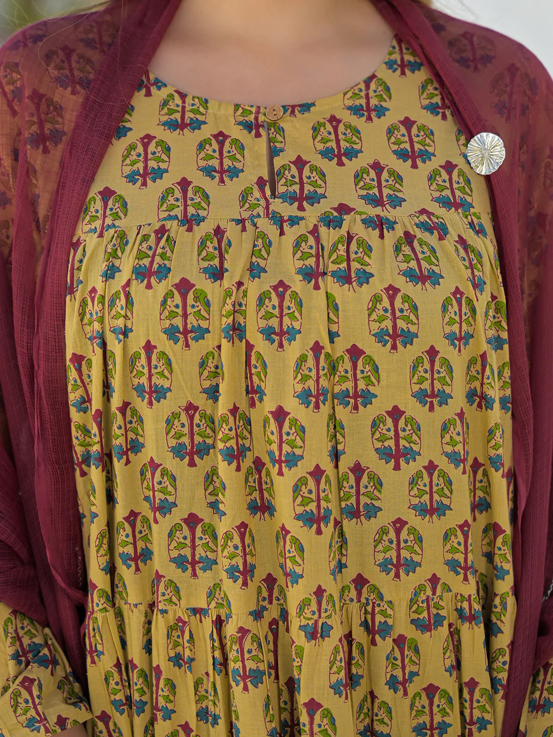 INDICASA Beige Cotton Round Neck Anarkali Kurta Pant Set With Kota Doria Dupatta