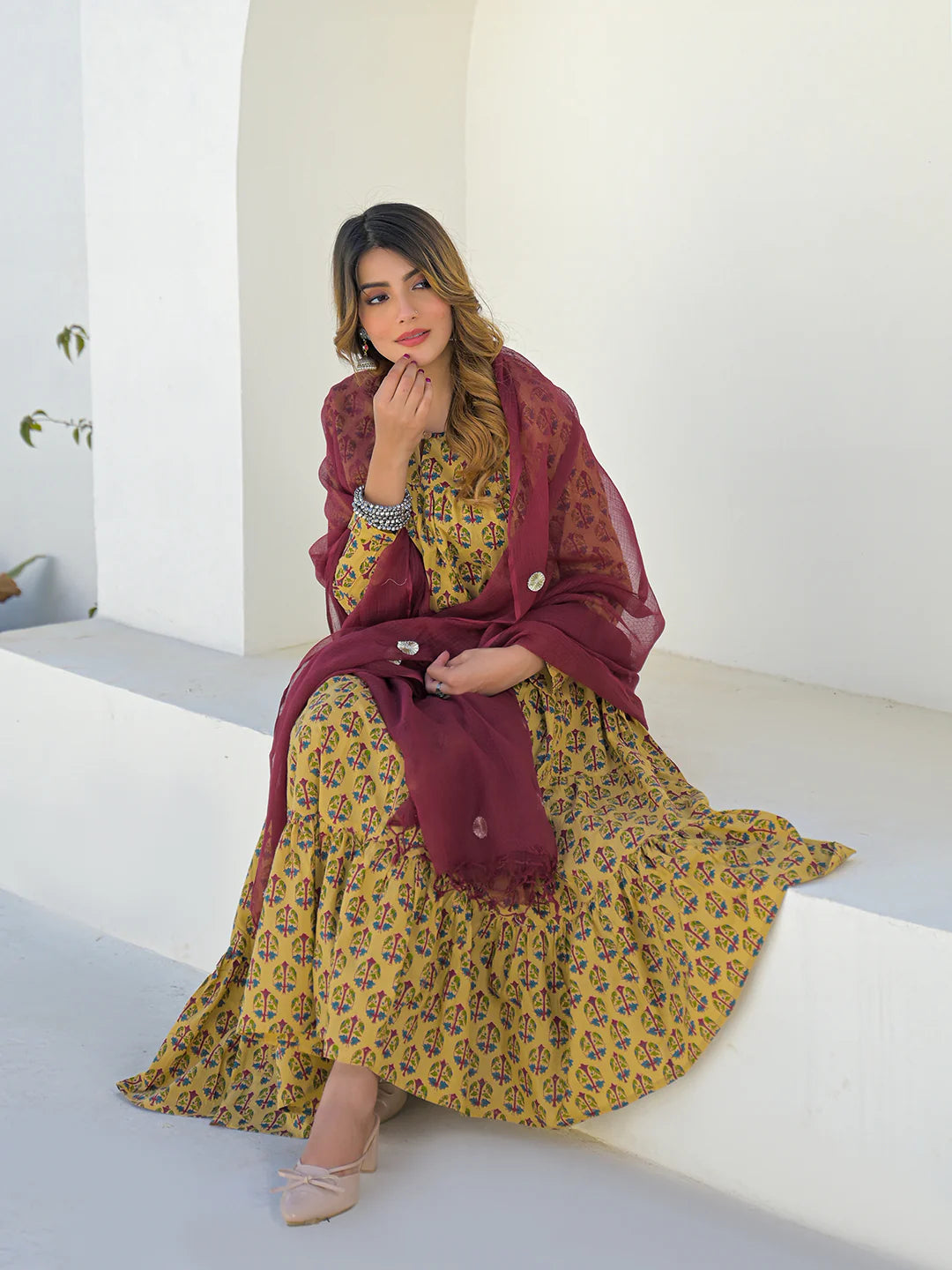 INDICASA Beige Cotton Round Neck Anarkali Kurta Pant Set With Kota Doria Dupatta