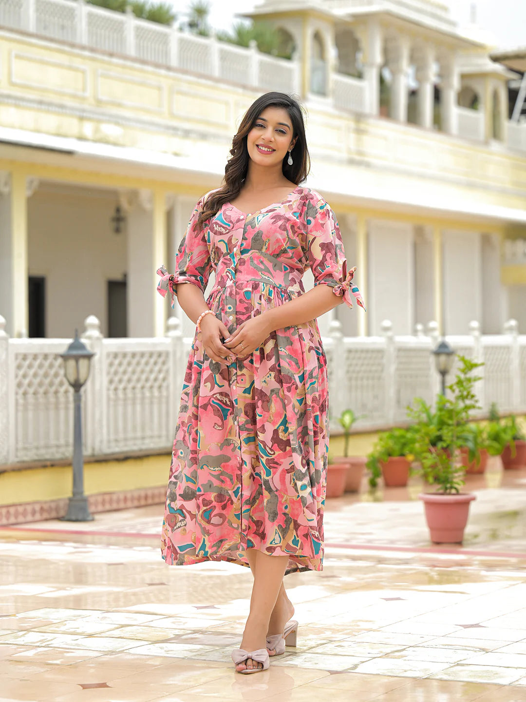 INDICASA Pink Rayon Flare Midi Dress