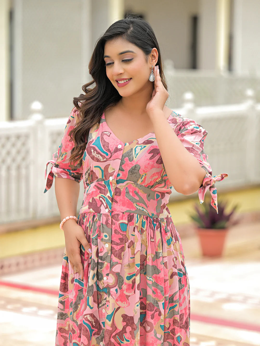 INDICASA Pink Rayon Flare Midi Dress