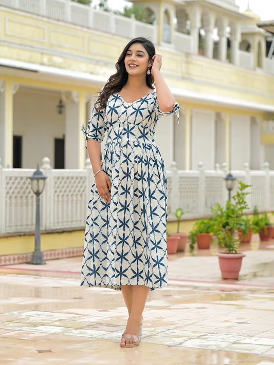 INDICASA White Rayon Flare Midi Dress