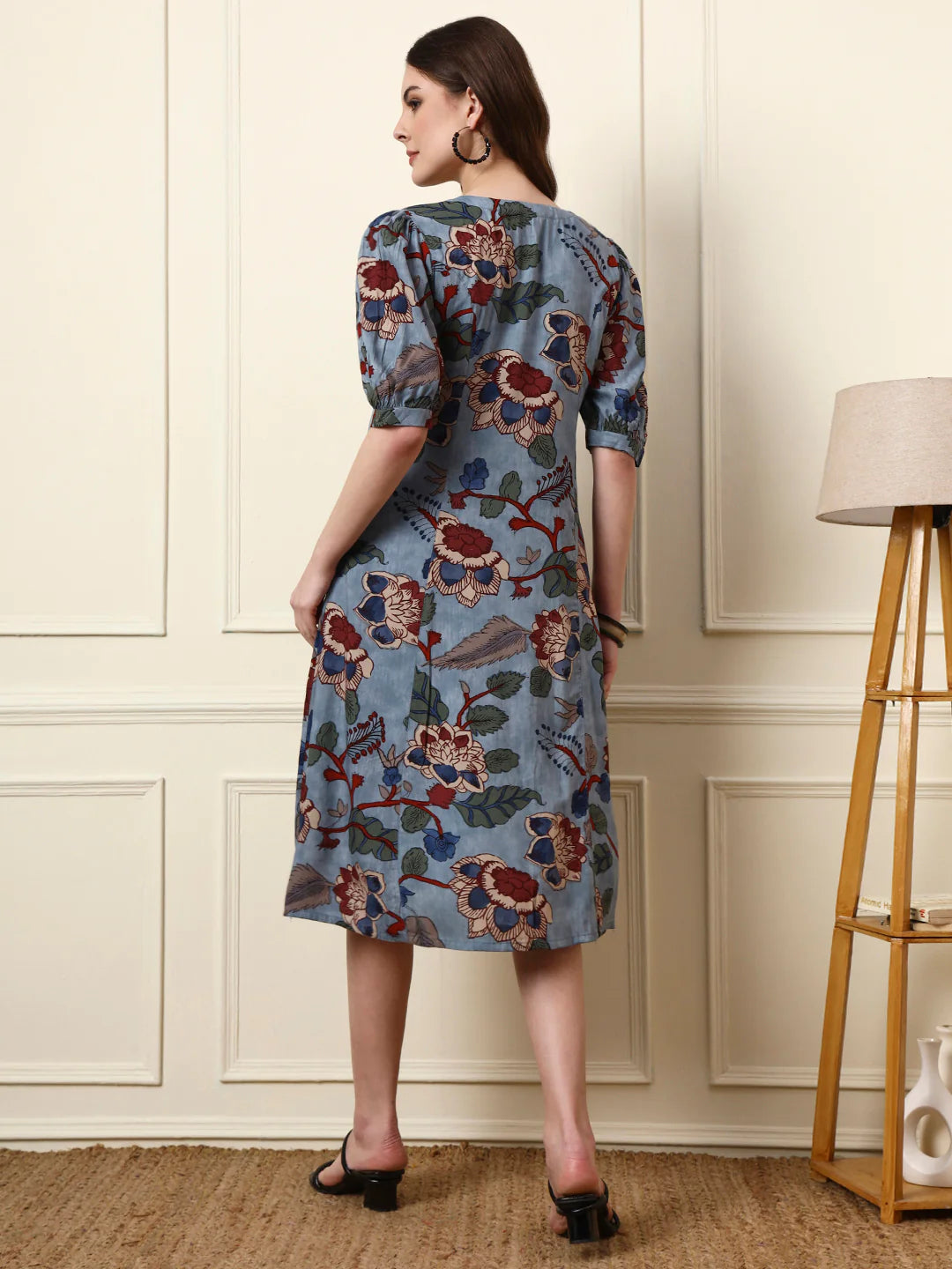 INDICASA Sky Blue V-Neck Rayon Dress