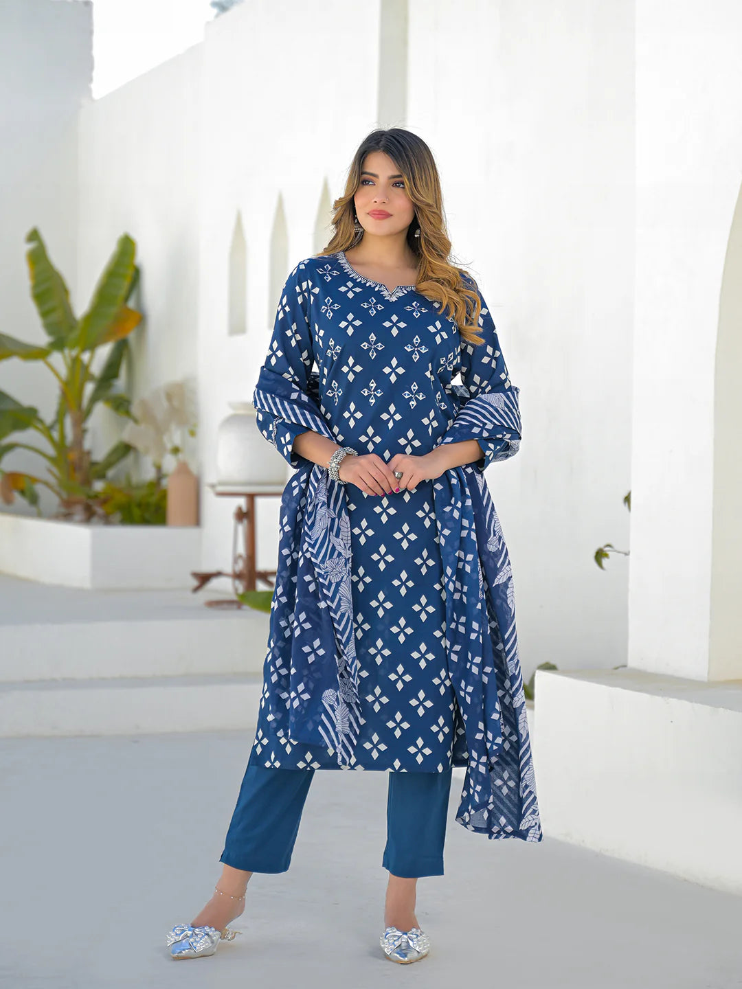 INDICASA Blue Round Neck Cotton Straight Kurta Pant Set With Dupatta