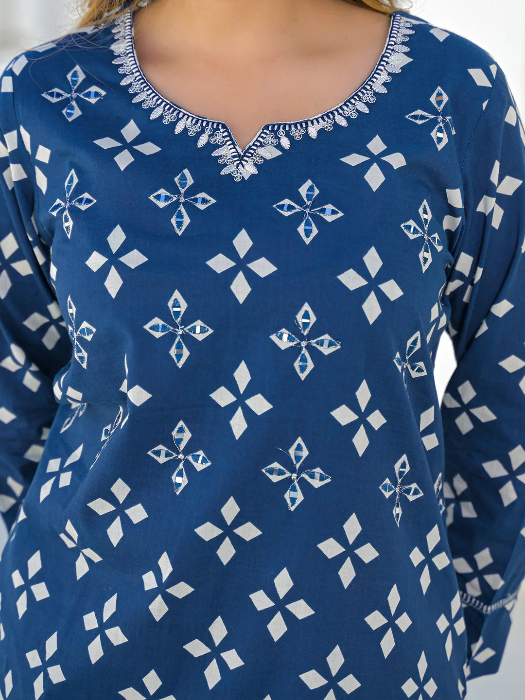 INDICASA Blue Round Neck Cotton Straight Kurta Pant Set With Dupatta