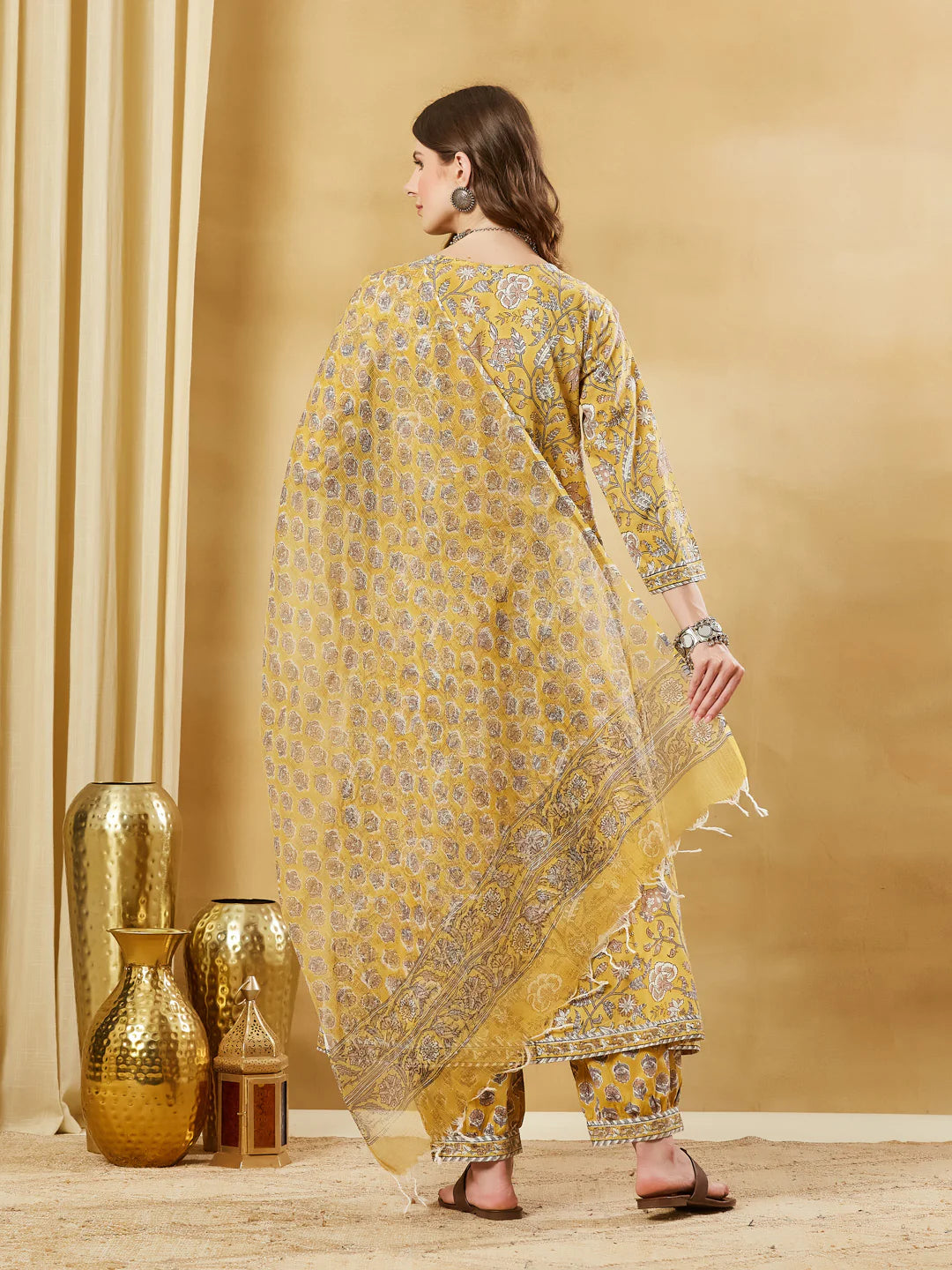 INDICASA Mustard Hand Block Cotton Kurta Pant Set With Dupatta