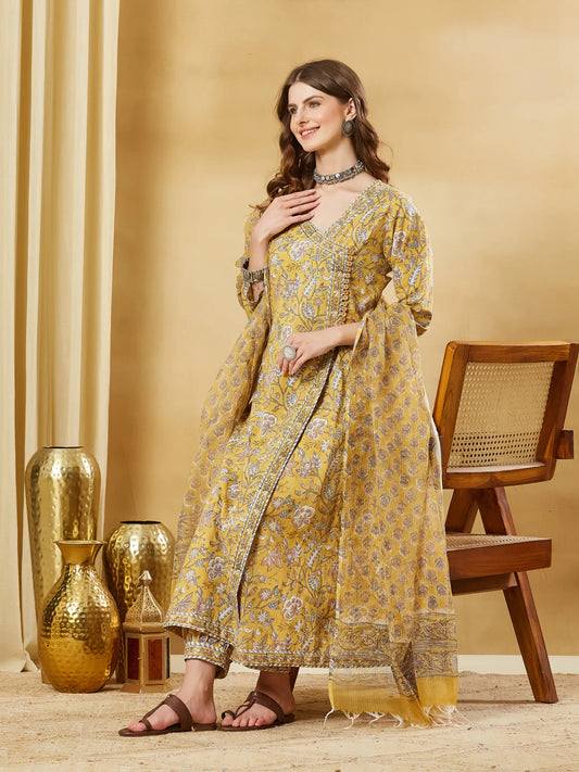 INDICASA Mustard Hand Block Cotton Kurta Pant Set With Dupatta