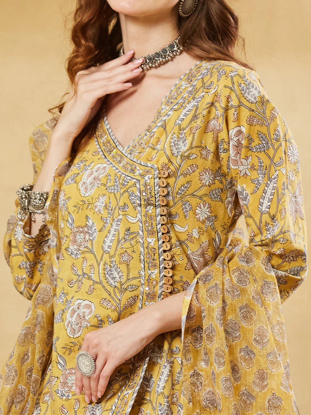 INDICASA Mustard Hand Block Cotton Kurta Pant Set With Dupatta