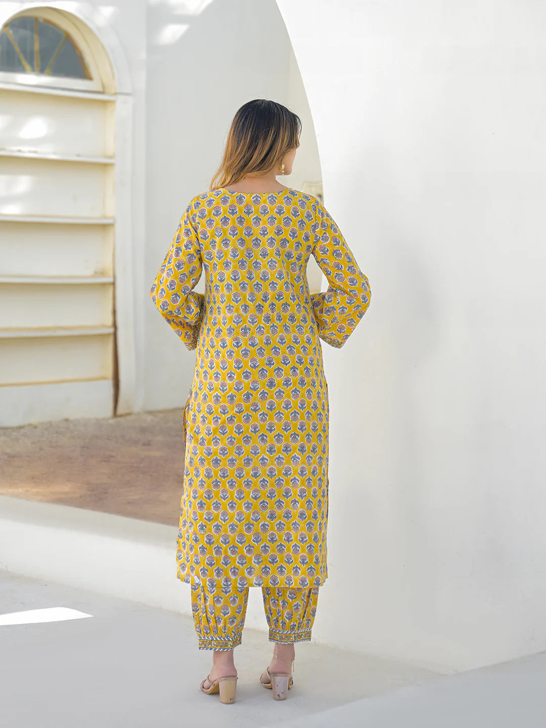 INDICASA Mustard Hand Block Cotton Straight Kurta Pant Set With Dupatta