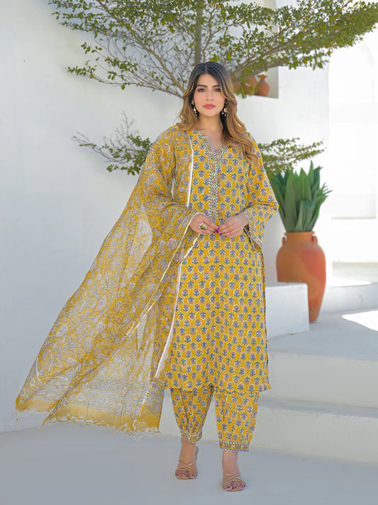 INDICASA Mustard Hand Block Cotton Straight Kurta Pant Set With Dupatta