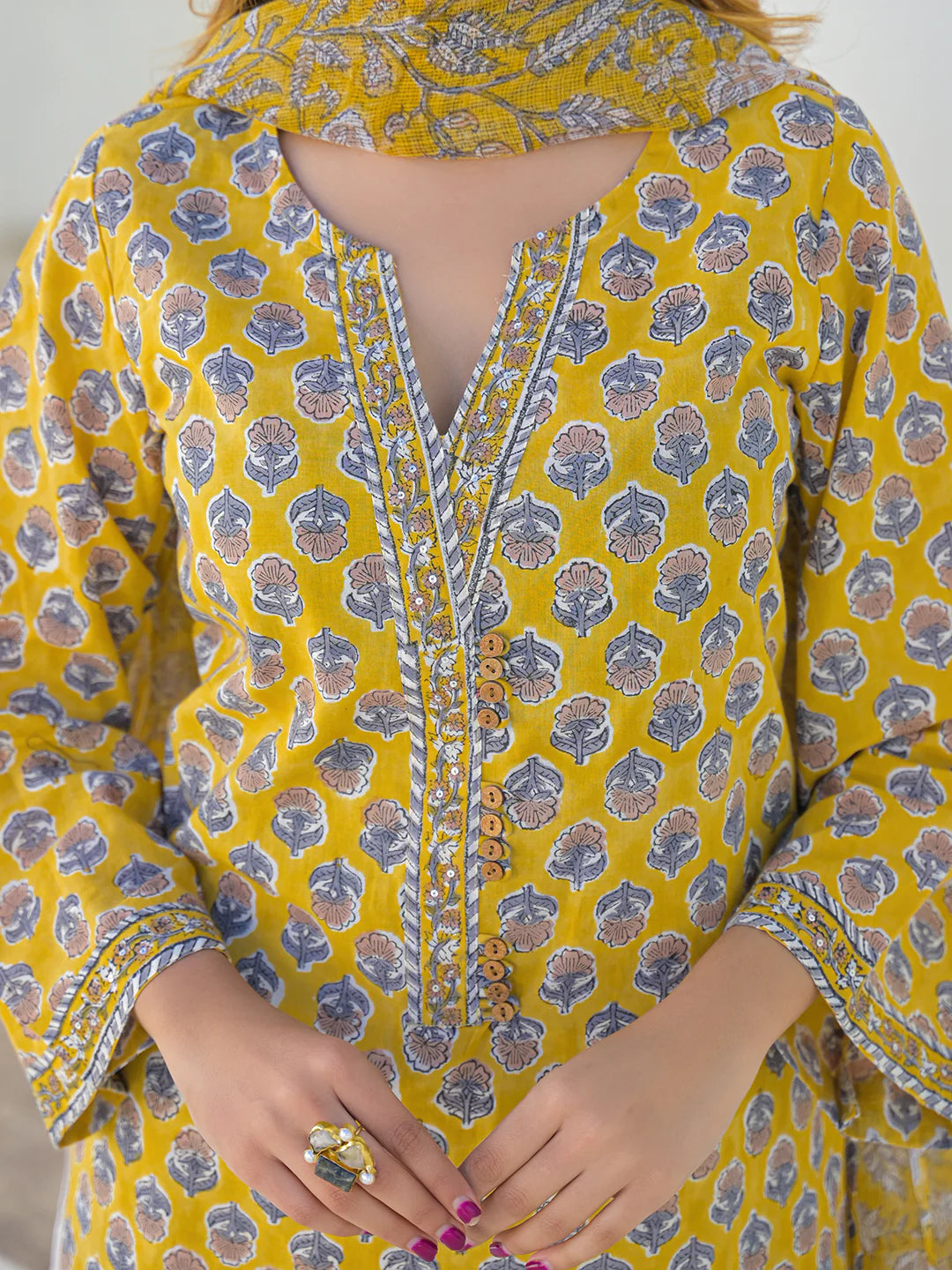 INDICASA Mustard Hand Block Cotton Straight Kurta Pant Set With Dupatta