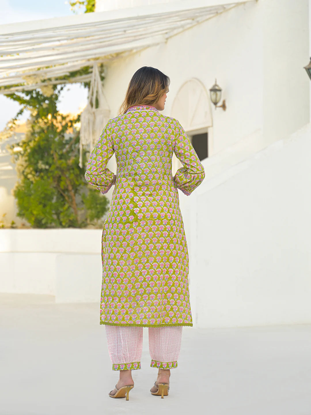 INDICASA Green Hand Block Cotton Straight Kurta Pant Set With Dupatta