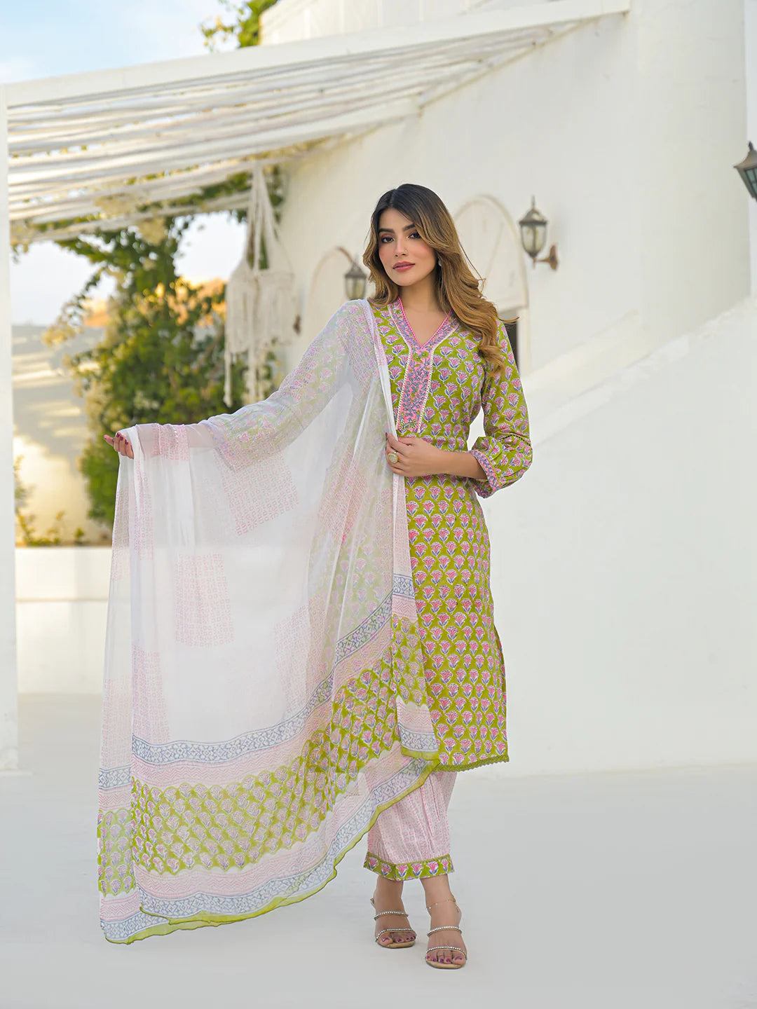 INDICASA Green Hand Block Cotton Straight Kurta Pant Set With Dupatta