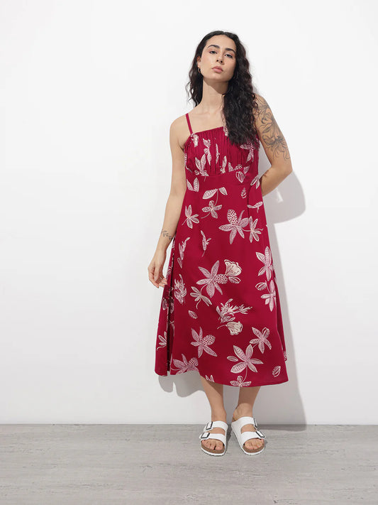 INDICASA Maroon Shoulder Stripes Fit & Flared Rayon Dress