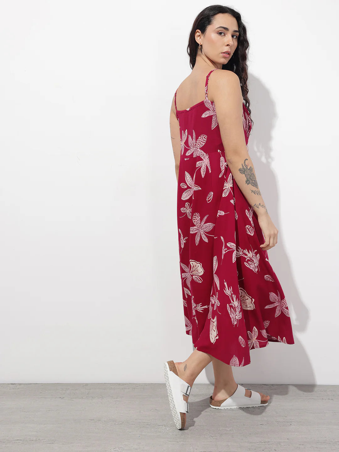 INDICASA Maroon Shoulder Stripes Fit & Flared Rayon Dress