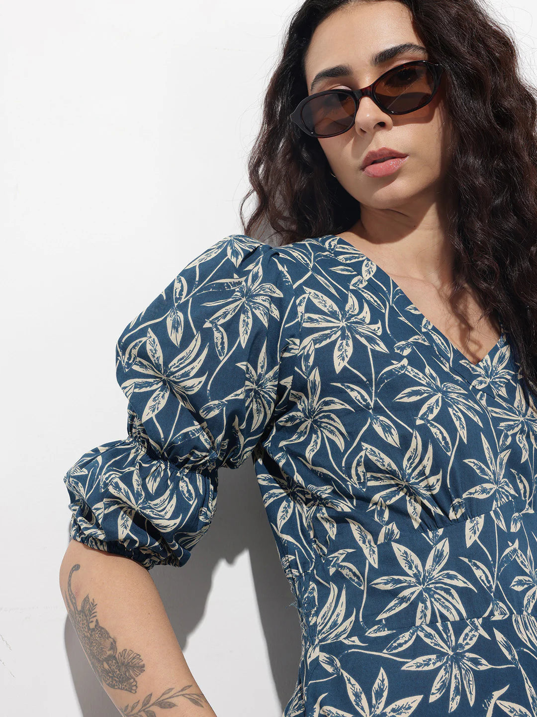 INDICASA Blue V-Neck Midi Cotton Dress
